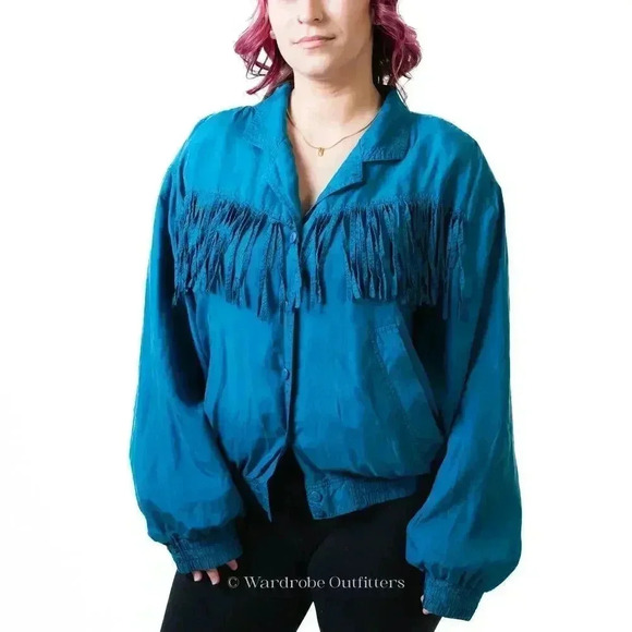 Vintage 80s Western Fringe Tassel Bright Blue Jacket - Picture 1 of 8